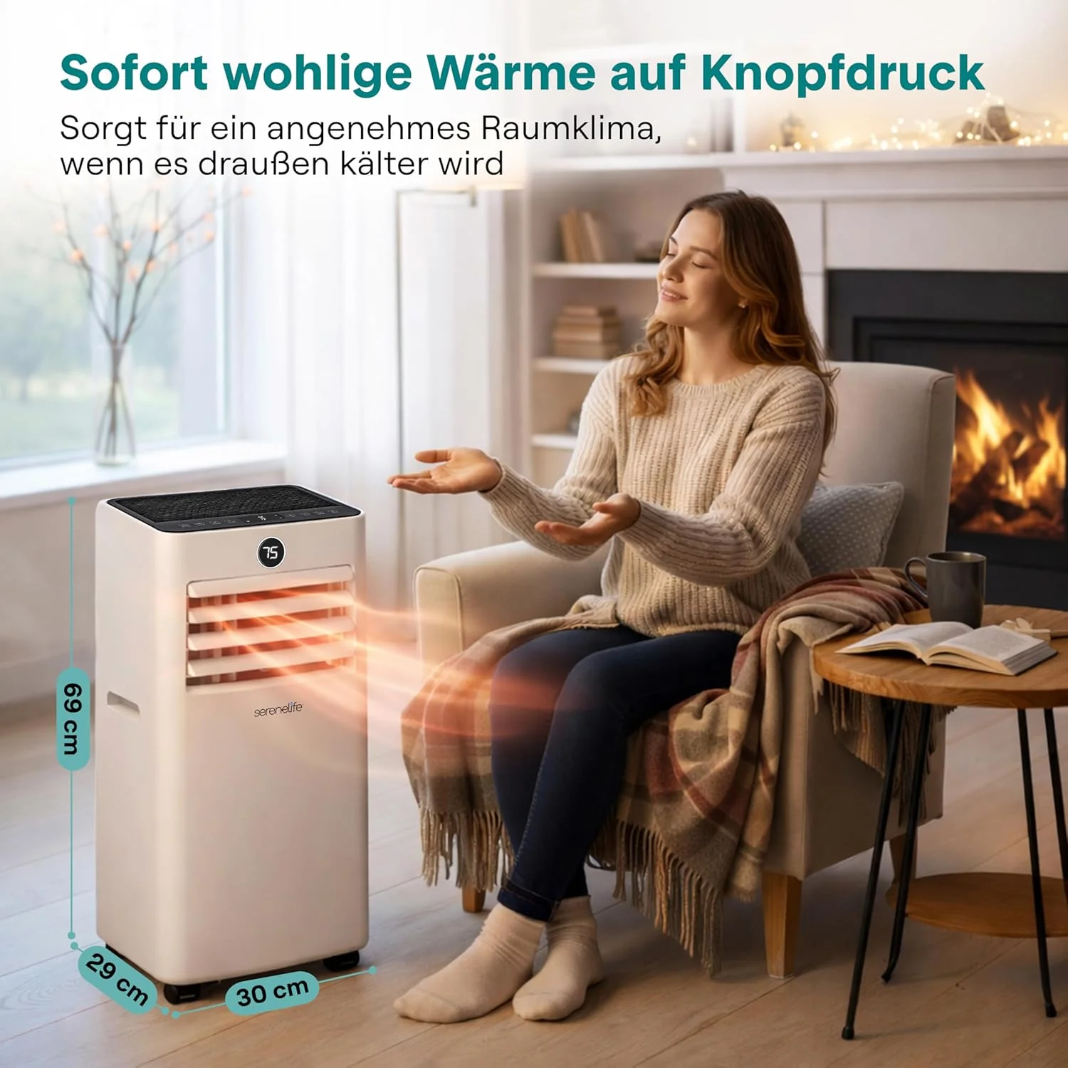 SereneLife klímaberendezés 7000BTU 2,05 kW – 4 az 1-ben mobil klímaberendezés Wi-Fi-vel, fűtés, páramentesítés, ventilátor 28 m²-es helyiségekhez, elszívócsővel és ablakkészlettel, 24 órás időzítő, 54 dB