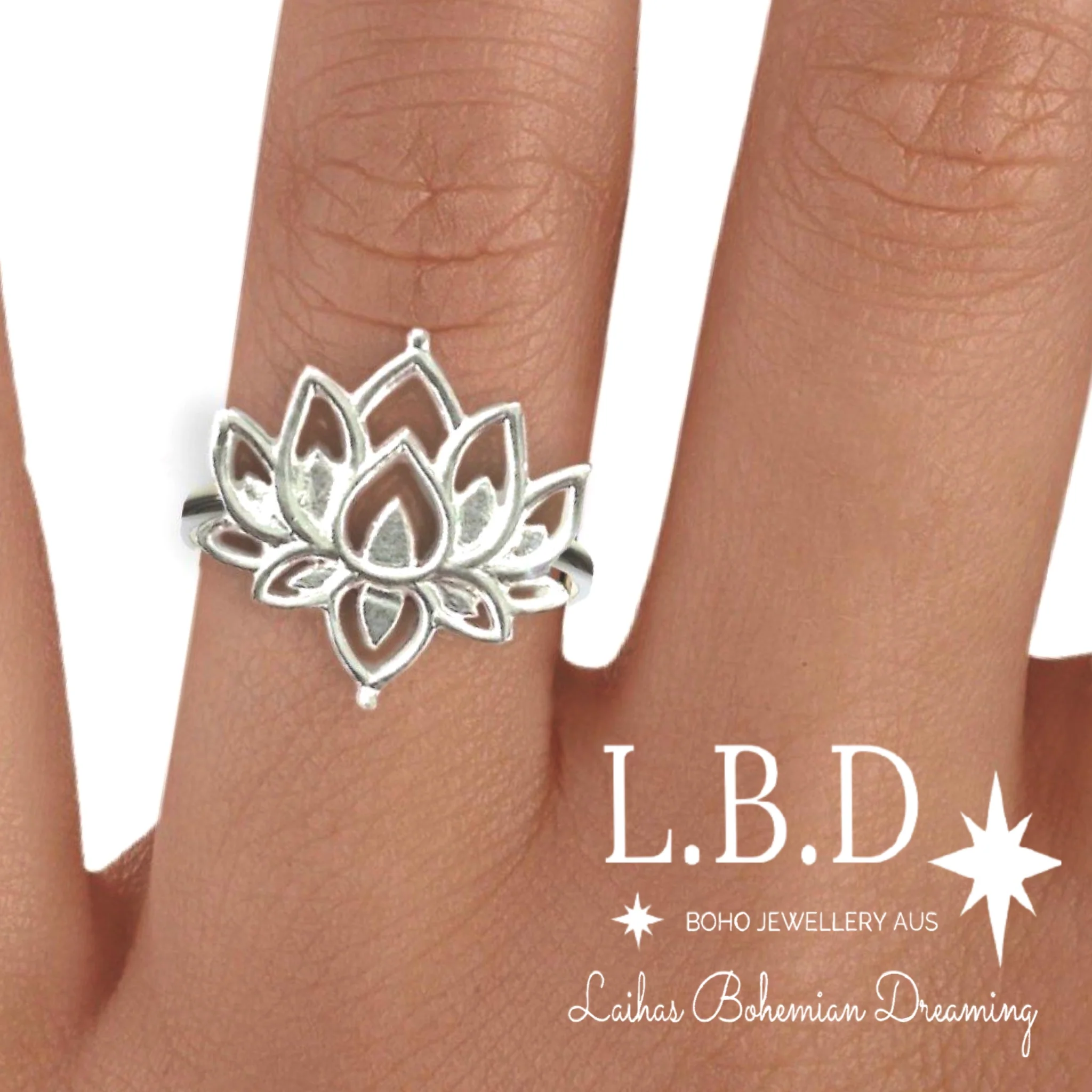 Laihas Boho Chic Lotus Flower Ring- Sterling Silver