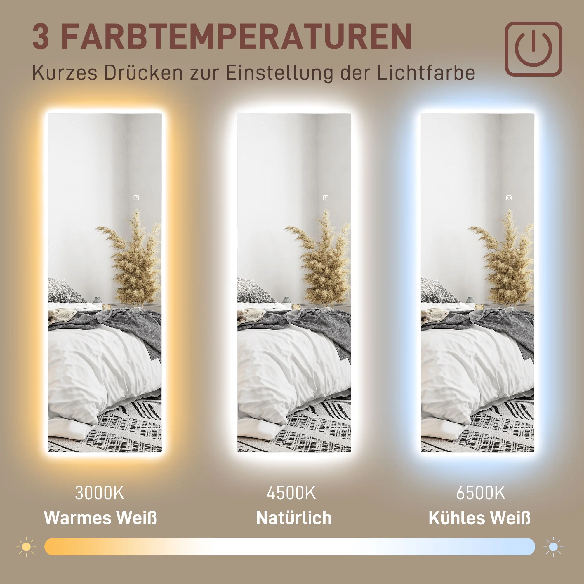 HOMCOM LED Volledige lichaamsspiegel, dimbaar, randloos, Touch-bediening, 40 x 120 cm