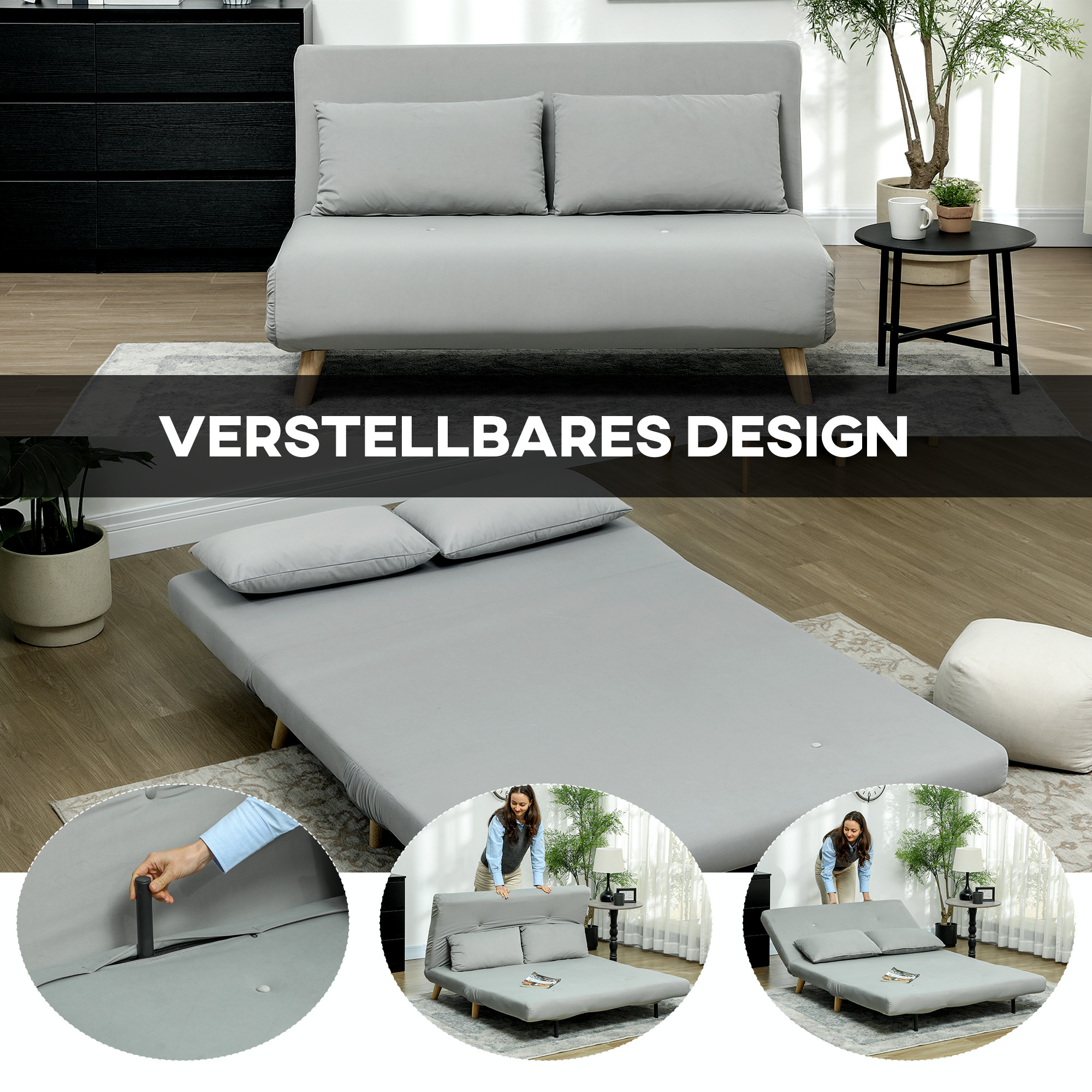 HOMCOM Slaapbank Relaxbank Bank Sofa, incl. 2 Kussens, Fluweel Look, 130 x 78 x 79 cm, Lichtgrijs