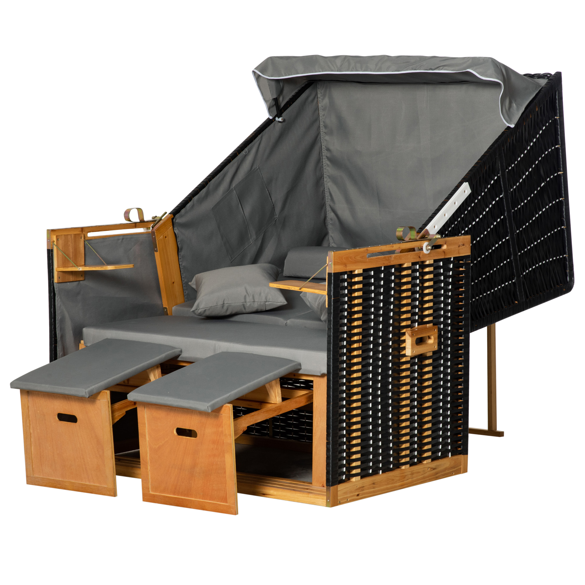 Outsunny strandstoel met dak rotan look klaptafel lichtgrijs 118 x 79 x 150 cm