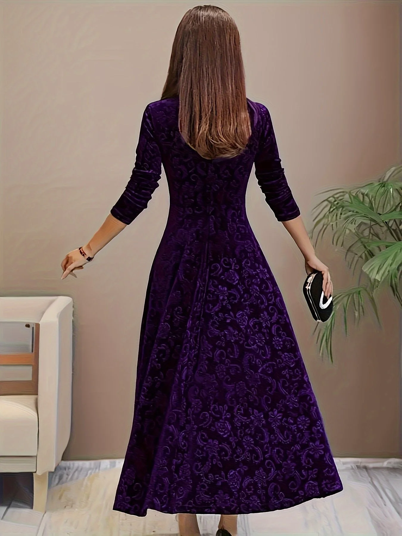 Women��s Embossed Velvet Midi Dress Elegant A-Line with Square Neckline