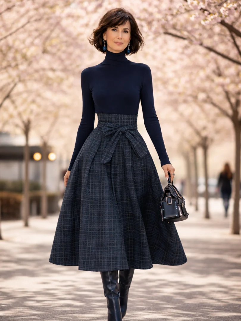 Women��s Knit Top and Plaid Maxi Skirt Set with Belted Waist