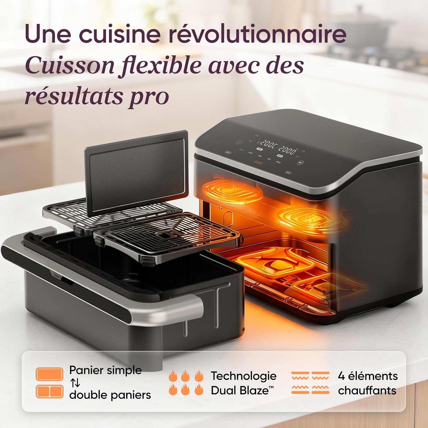 COSORI Air Fryer 10L Twinfry, Friteuse sans Huile Double Résistance, Airfryer à Dual Zone Avec Séparateur Amovible, 5-en-1, Grande Capacité, Cuisson optimale, 40℃-240℃, Contrôle Smart via App