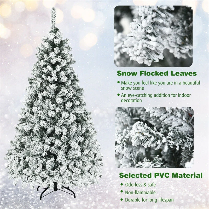 Premium Pre-Lit Snow Flocked Artificial Christmas Tree with Hinged Branch Tips & LED Lights
