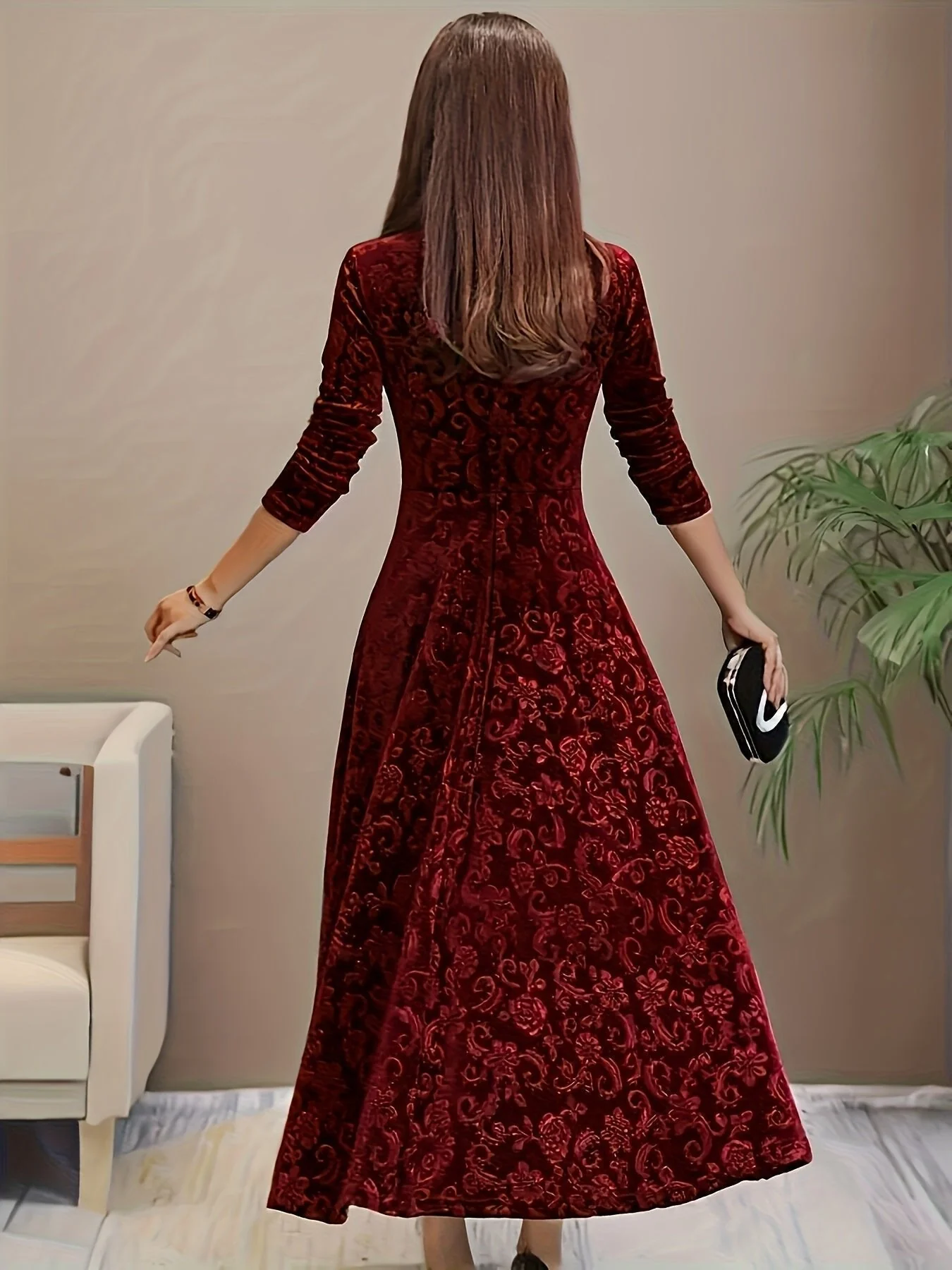 Women��s Embossed Velvet Midi Dress Elegant A-Line with Square Neckline