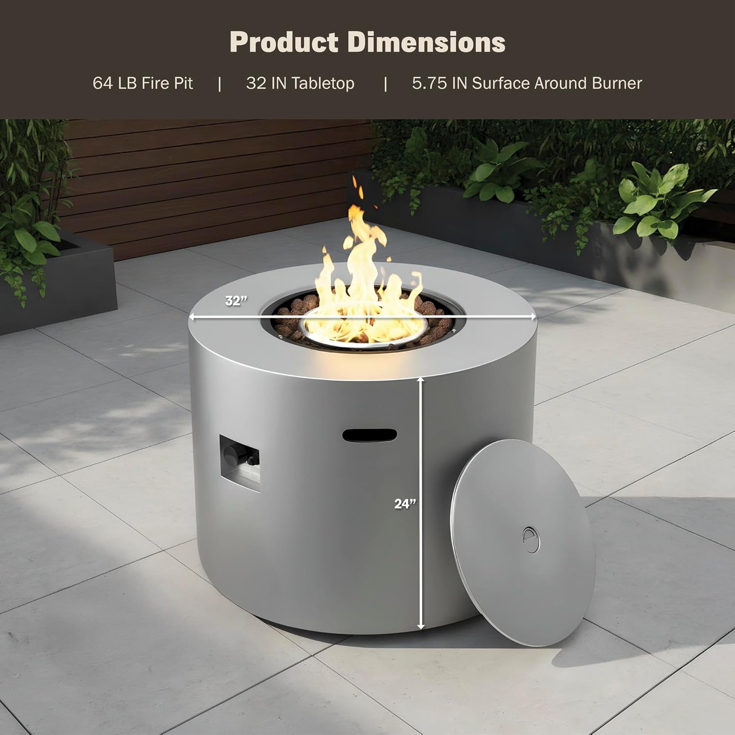 32 Inch Round Propane Fire Pit Table – 50,000 BTU Outdoor Gas Fire Table for Patio, Deck, Backyard, CSA Certified, Alloy Steel with Waterproof Cover, Lava Rocks & Lid, Gray