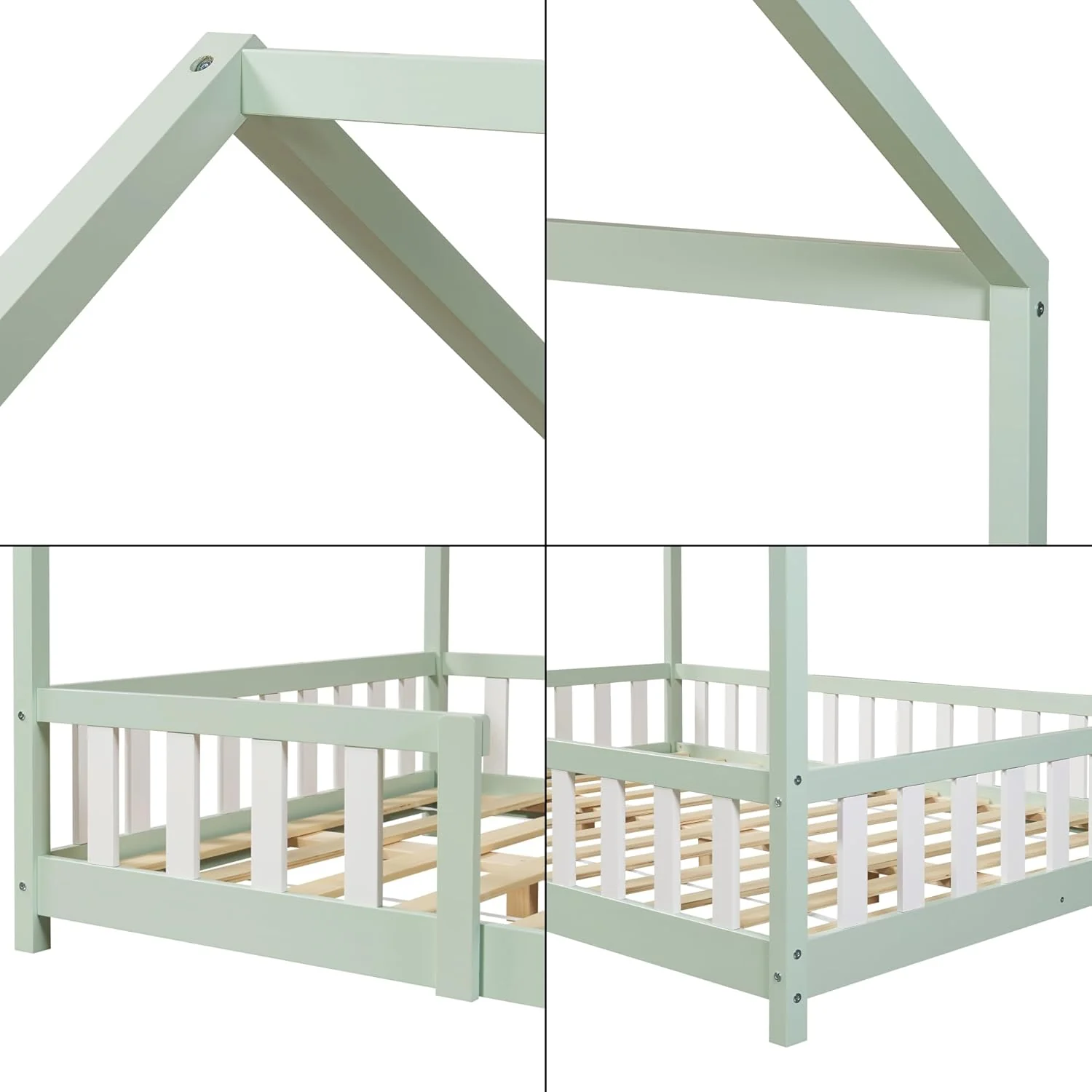 [en.casa] Letto per bambini Sisimiut a capanna 80 x 160 cm con protezione anticaduta letto in legno per bambini letto a terra rete a doghe in legno di pino Bianco opaco