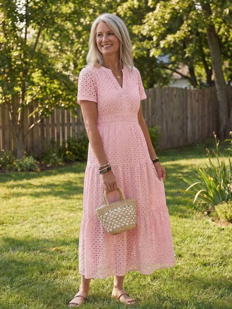 Women��s Tiered Midi Dress Short Sleeve Eyelet Design