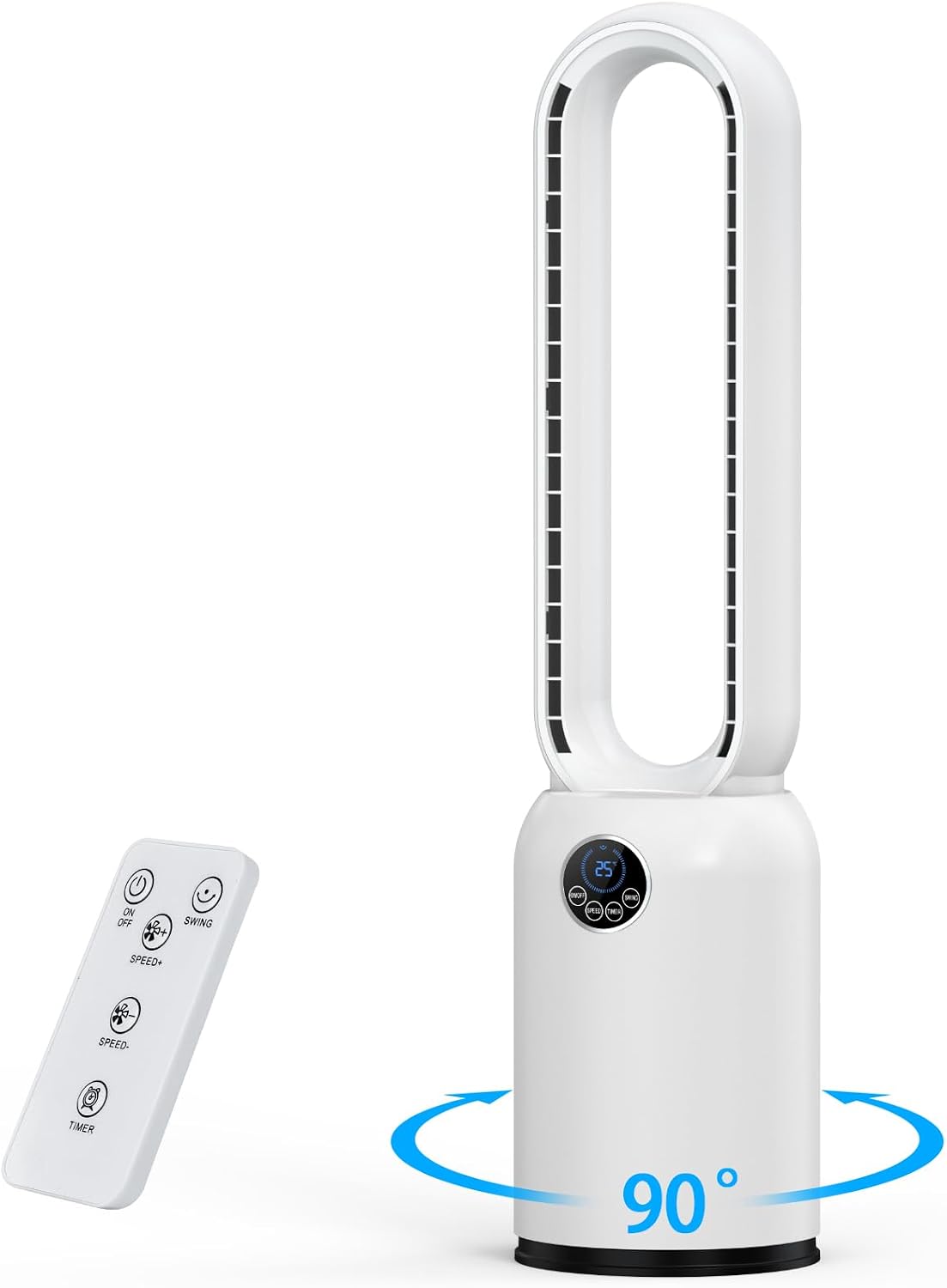 Turmventilator ohne Flügel 88cm – geräuschloser Standventilator mit 55W Motor, LED-Touchscreen & Fernbedienung, 12-Stunden-Timer, 90° oszillierend für Schlafzimmer & Büro (Weiß)