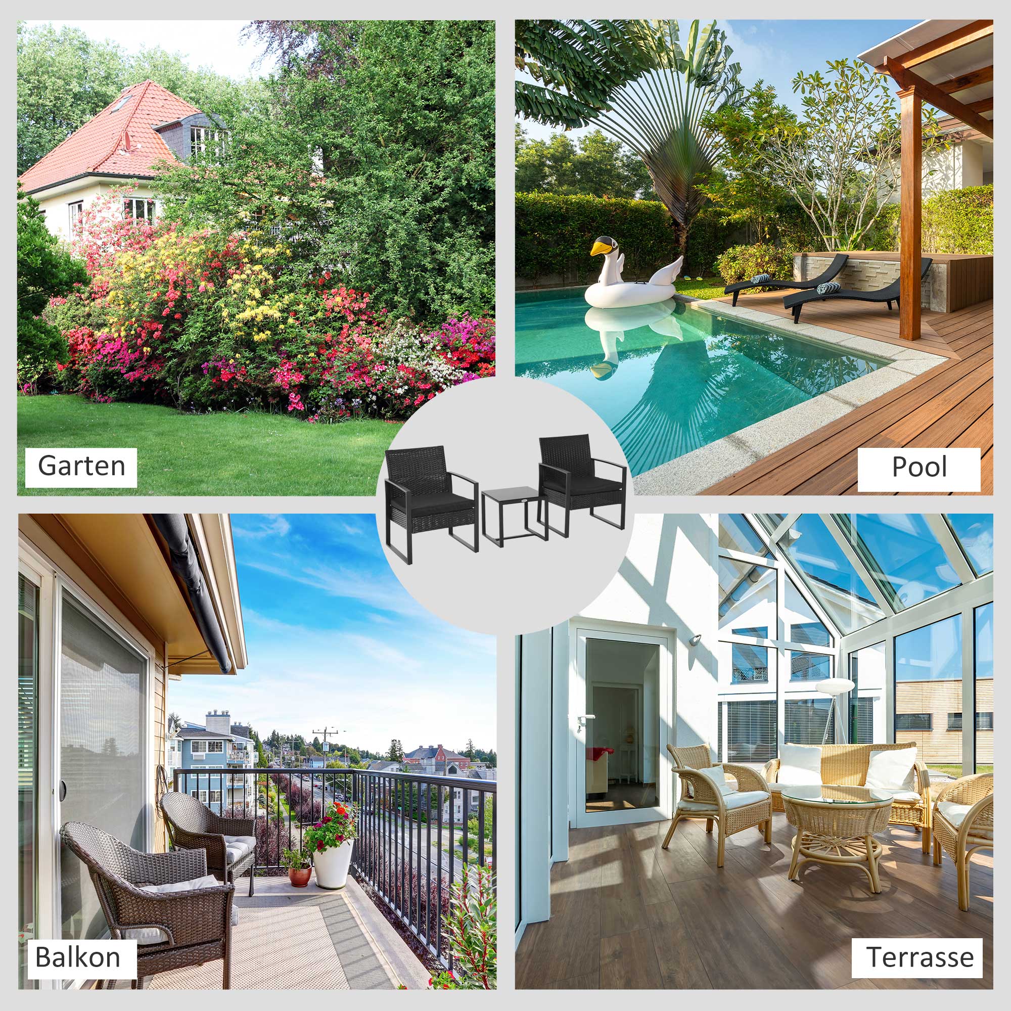 Poly-rotan zitgroep 5-delig Tuinset met kussens tuin zwart