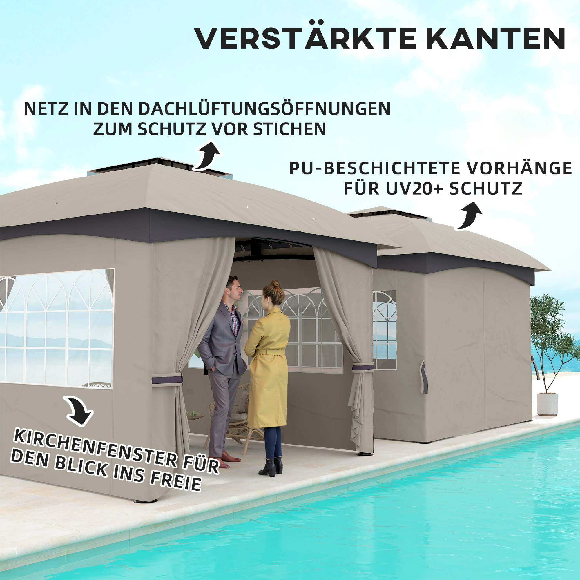 Outsunny 3,4 x 3,4 m Tuinpaviljoen, Feesttent met Ventilatiedak, Boogvensters, Stalen Frame, Lichtgrijs