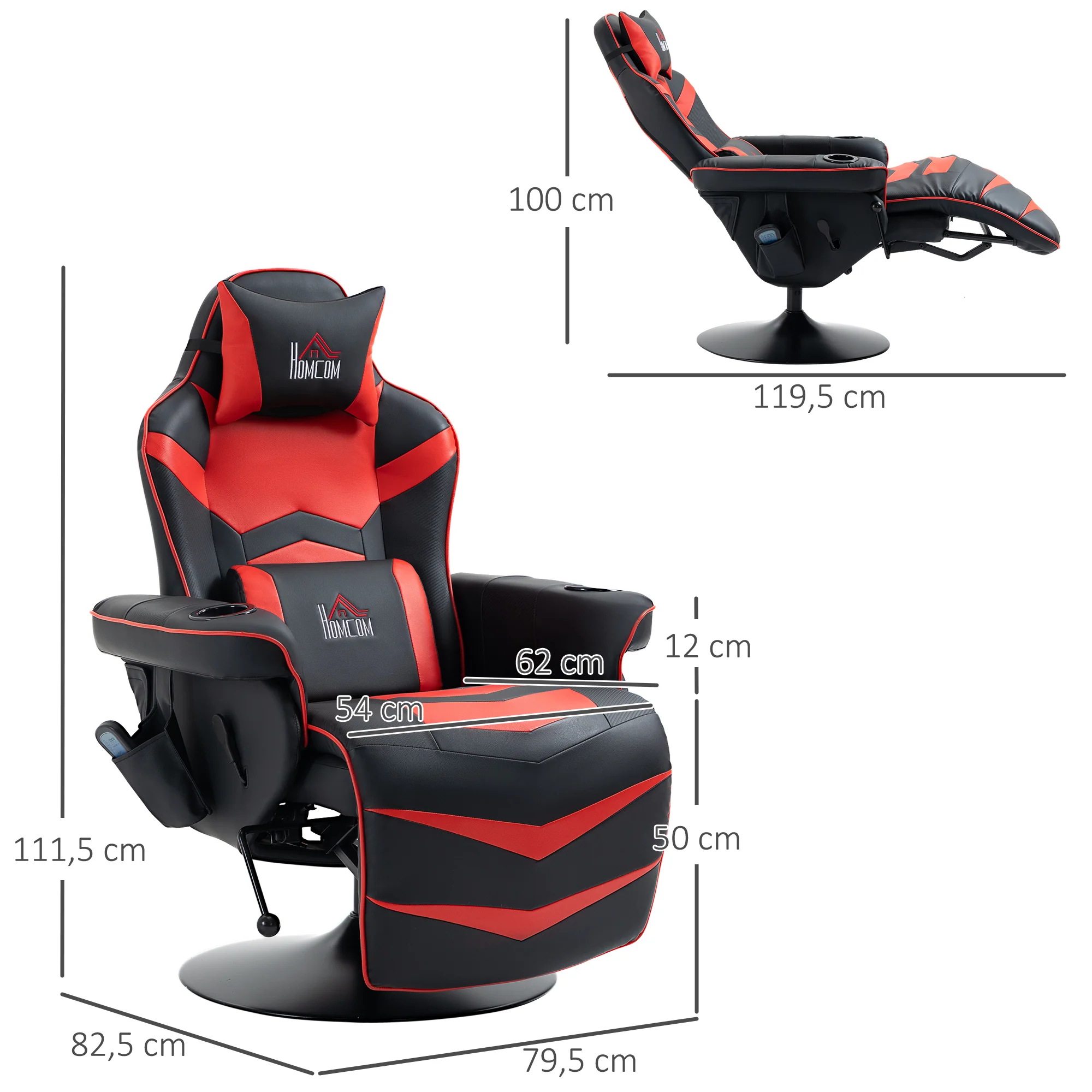 HOMCOM Gaming-stoel met massagefunctie, inclusief voetensteun, ligfunctie, rood + zwart.
