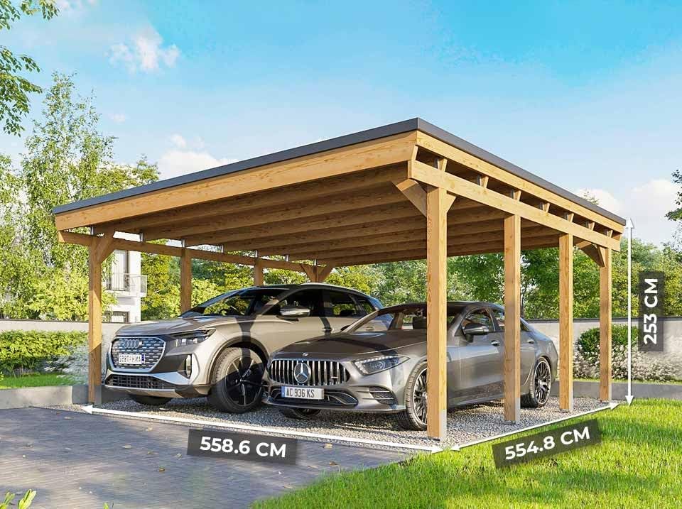Holz-Carport CASTELLANE 558X555 Integrierte Bodenplatte - Holzdach + Bitumenpappe - Carport - Autoklav - 2 Autos