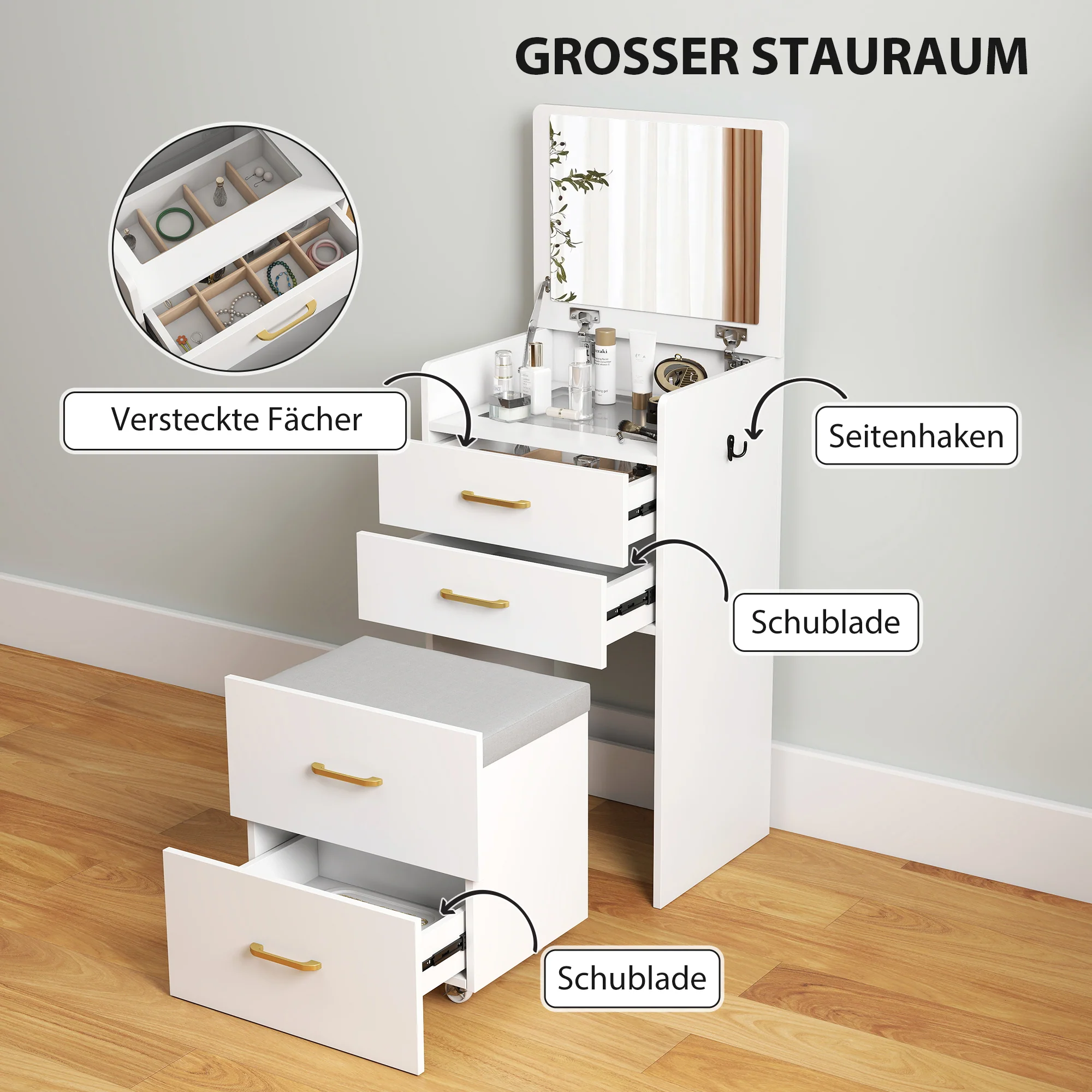 HOMCOM 3-in-1 Make-uptafel met Spiegel, Nachtkastje, Rollende Kruk, Lades, Wit