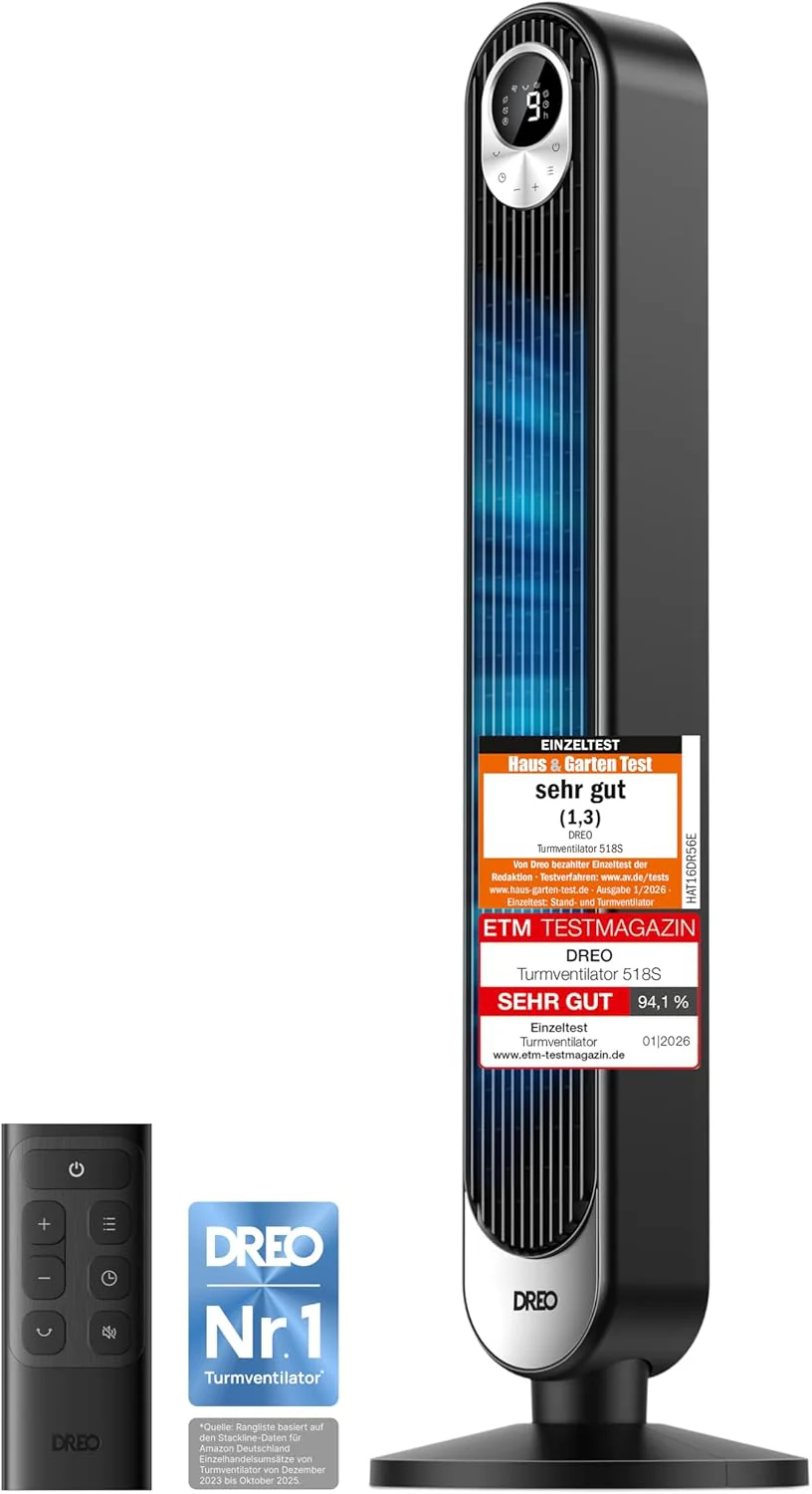 DREO DC Motor Toronyventilátor Csendes, 11M Szél távolságú ventilátor hűtő távirányítóval, 9 sebességfokozat 4 üzemmód, 90° oszcilláló álló ventilátor hálószobába, Toronyventilátor 12H időzítővel