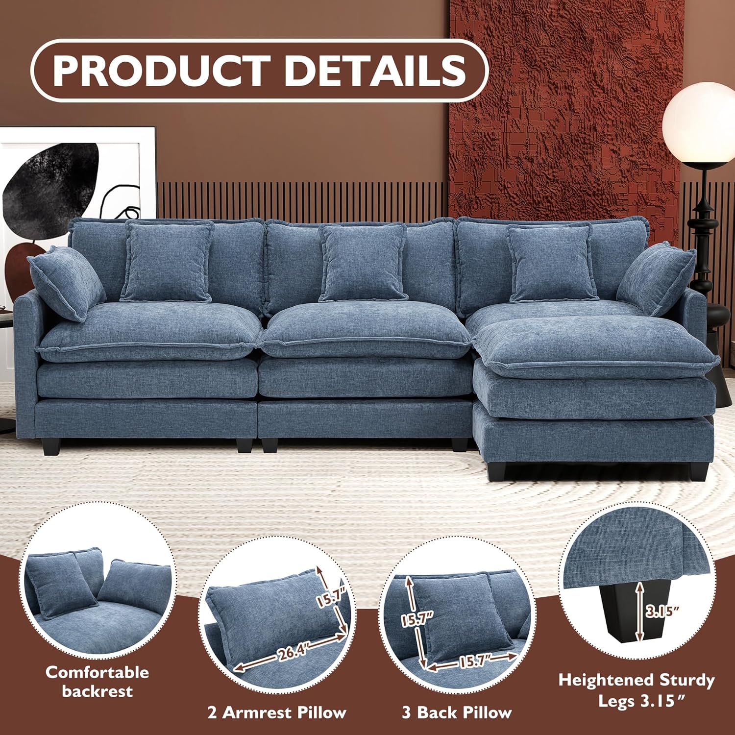 111.4 Inch L-Shaped Modern Sofa Modular Cloud Sofa Ottoman 4-Seater Chenille Deep Seat Sofa