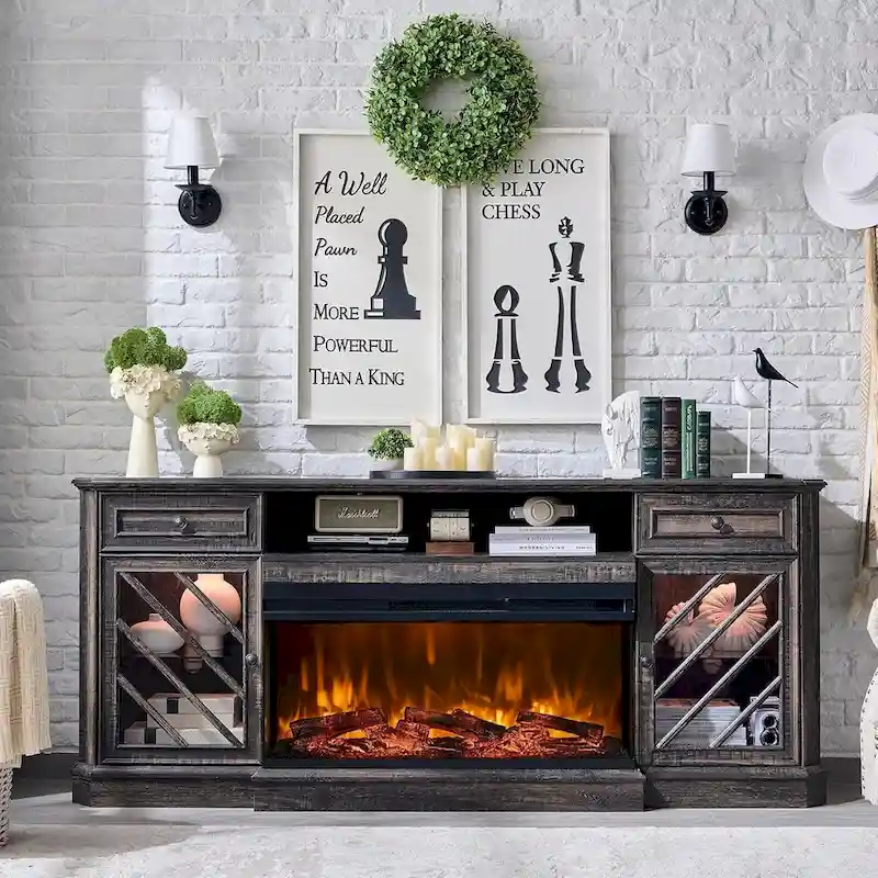 Farmhouse TV Stand with 3-Sided Fireplace, Entertainment Center