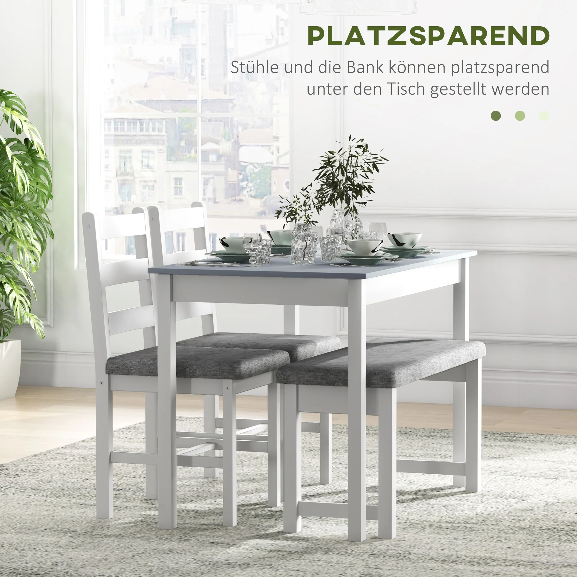HOMCOM 4-delige eetset, 1 tafel, 1 bank, 2 stoelen, grijs+wit