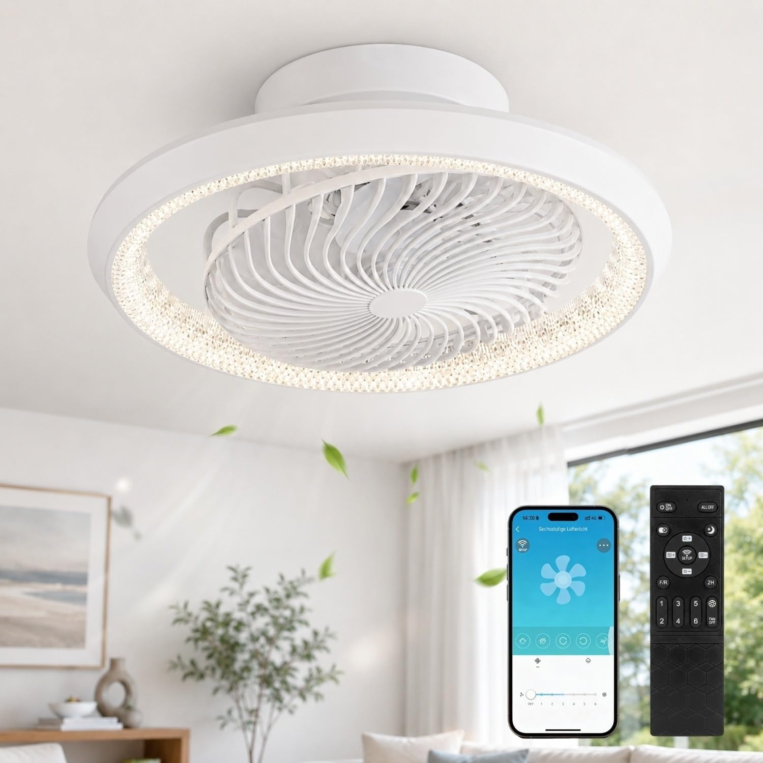 360° Drehbar Deckenventilator mit Beleuchtung 72W, Deckenventilator mit Licht Leise, Dimmbar mit Timer, Fernbedienung und App, Lampe mit Ventilator für Schlafzimmer und Wohnzimmer, Weiß