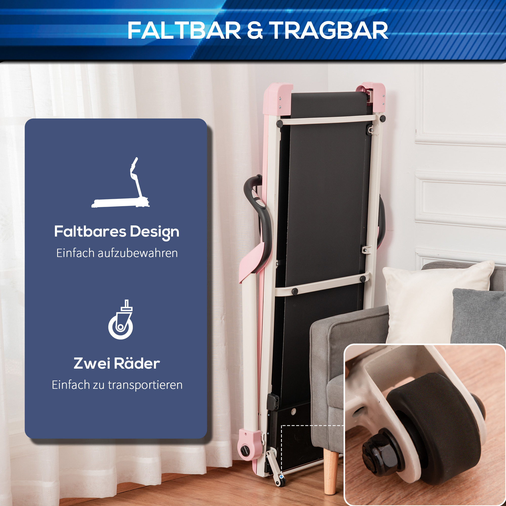 HOMCOM loopband opvouwbaar elektrisch 400 W 1-12 km/u 1.5HP mobiele telefoon houder roze