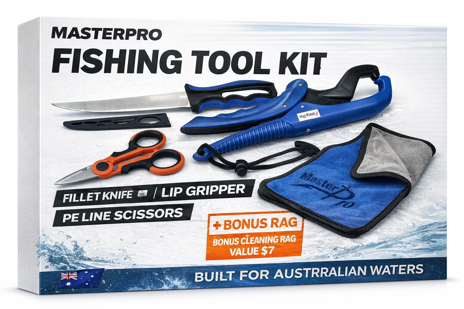 MASTERPRO Fishing Tool Set �?Fillet Knife, Fish Lip Gripper, PE Scissors + Cleaning Rag