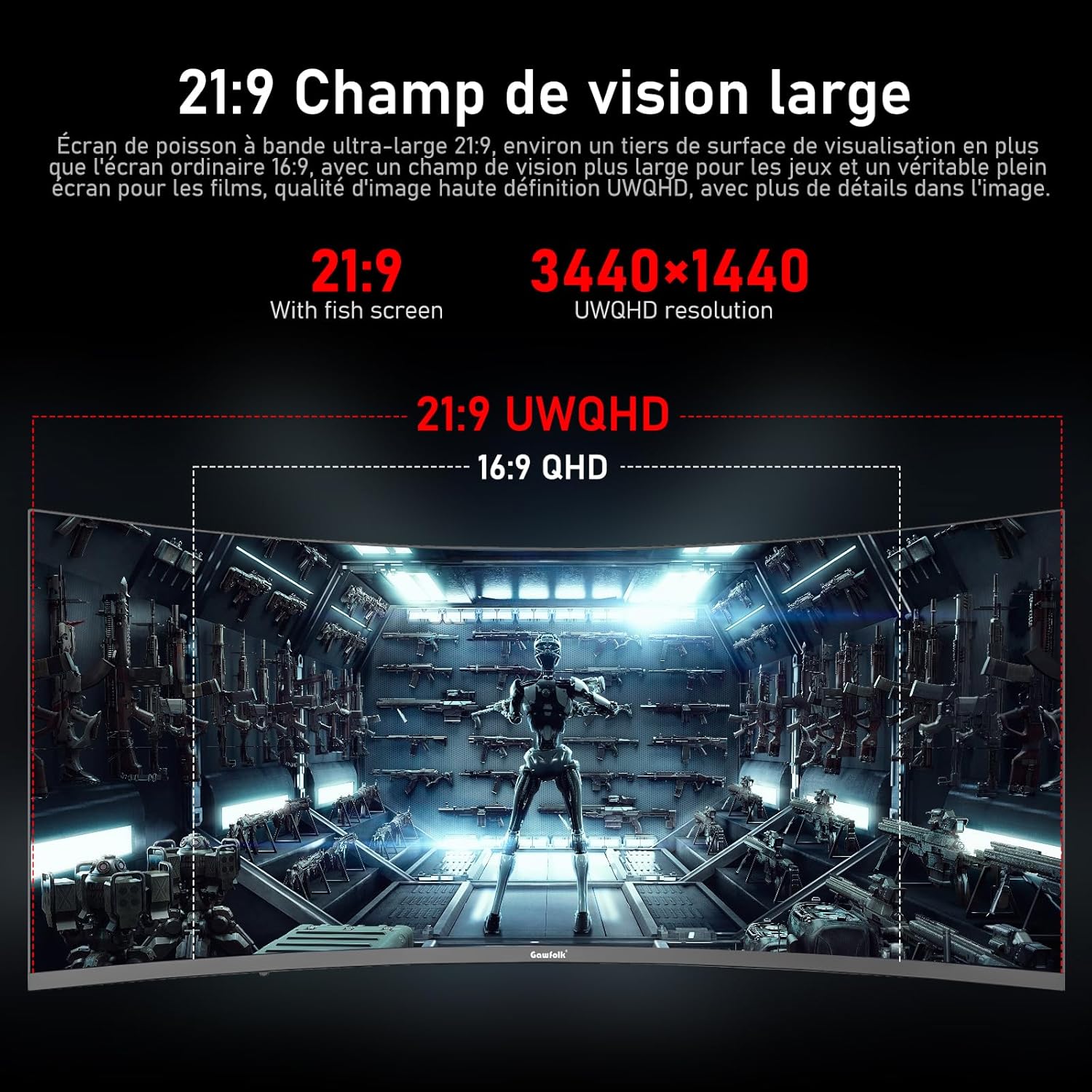 Gawfolk Écran PC Ultra Large 34 Pouces 1000R incurvé 180Hz Gaming Computer Moniteur 21:9 UWQHD (3440x1440),1ms,100% sRGB,Adaptive Sync,Display Port、HDMI,Fonction de Levage,Compatible avec Mural -Noir