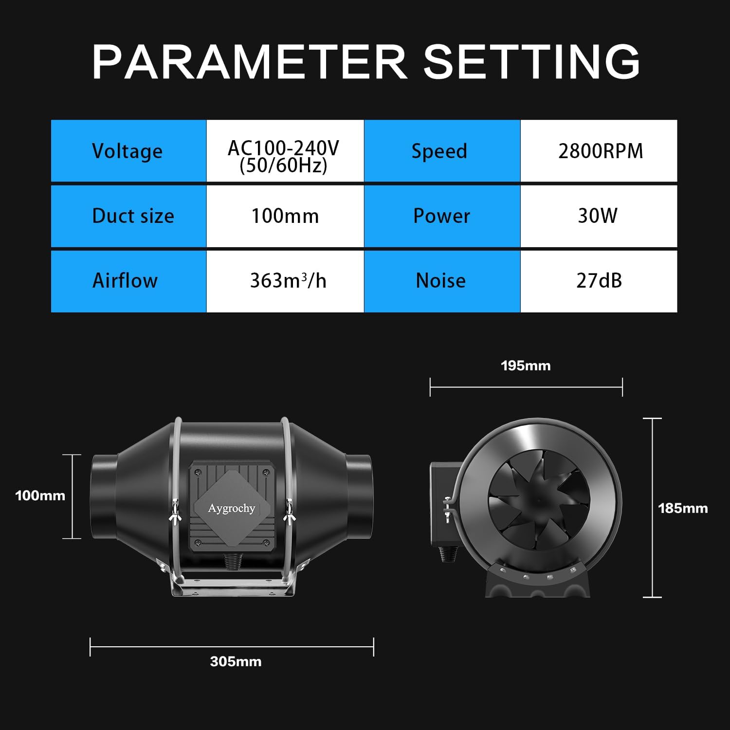Aygrochy Rohrventilator 100mm, EC-Motor 30W 363m³/h, 2800 U/min Abluftventilator mit Temperatur- und Feuchtigkeitsregler, Rohrlüfter für Wachstumszelte, Luftabsaugung und Rauchabzug, mit WiFi App