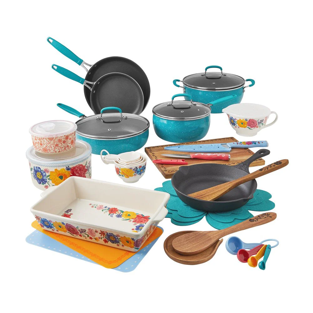 The Pioneer Woman Brilliant Blooms 38-Piece Cookware Set, Teal 锟斤拷 Complete Kitchen Solution with Floral Design