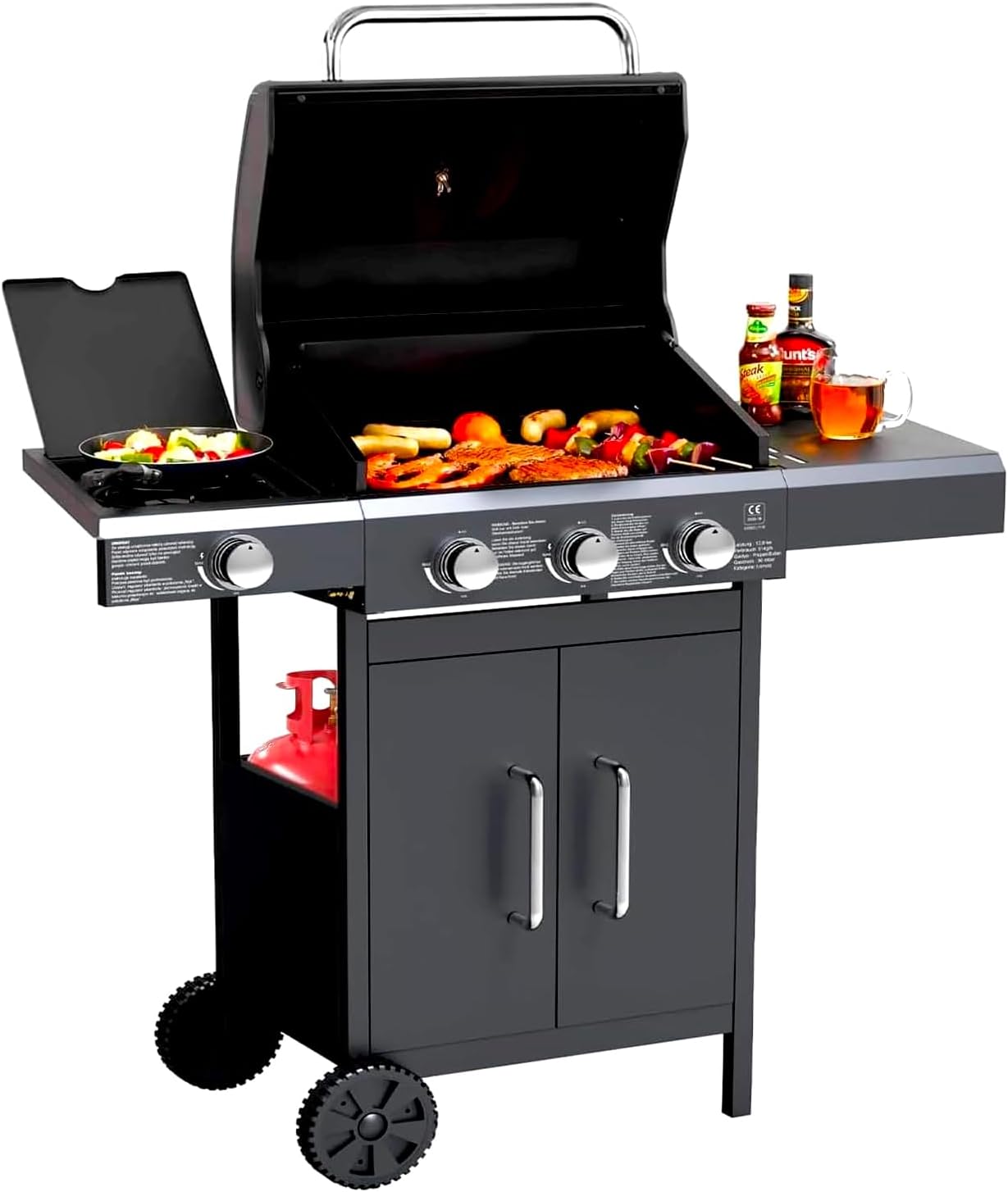 Avilia Barbecue a Gas GPL con 3 Fuochi e Fornello Laterale Ottimo per Grigliare e Arrostire - Ideale per chi Ama Cucinare all'Aperto in Giardino o Balcone - Dotato di Comode Ruote