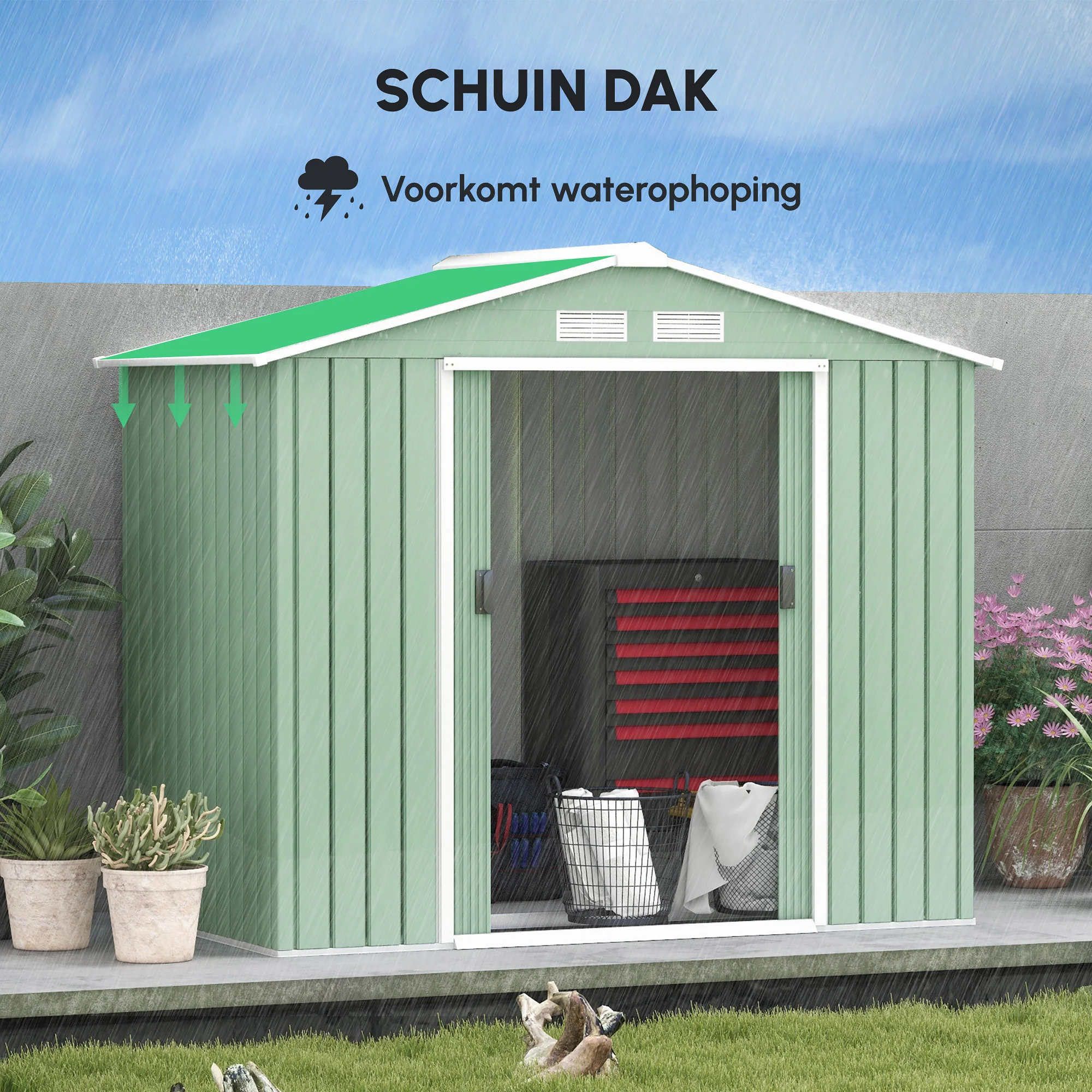 Outsunny gereedschapsschuur, tuinhuisje, met schuifdeuren, fundering, weerbestendig, staal, groen, 213 x 130 x 185 cm