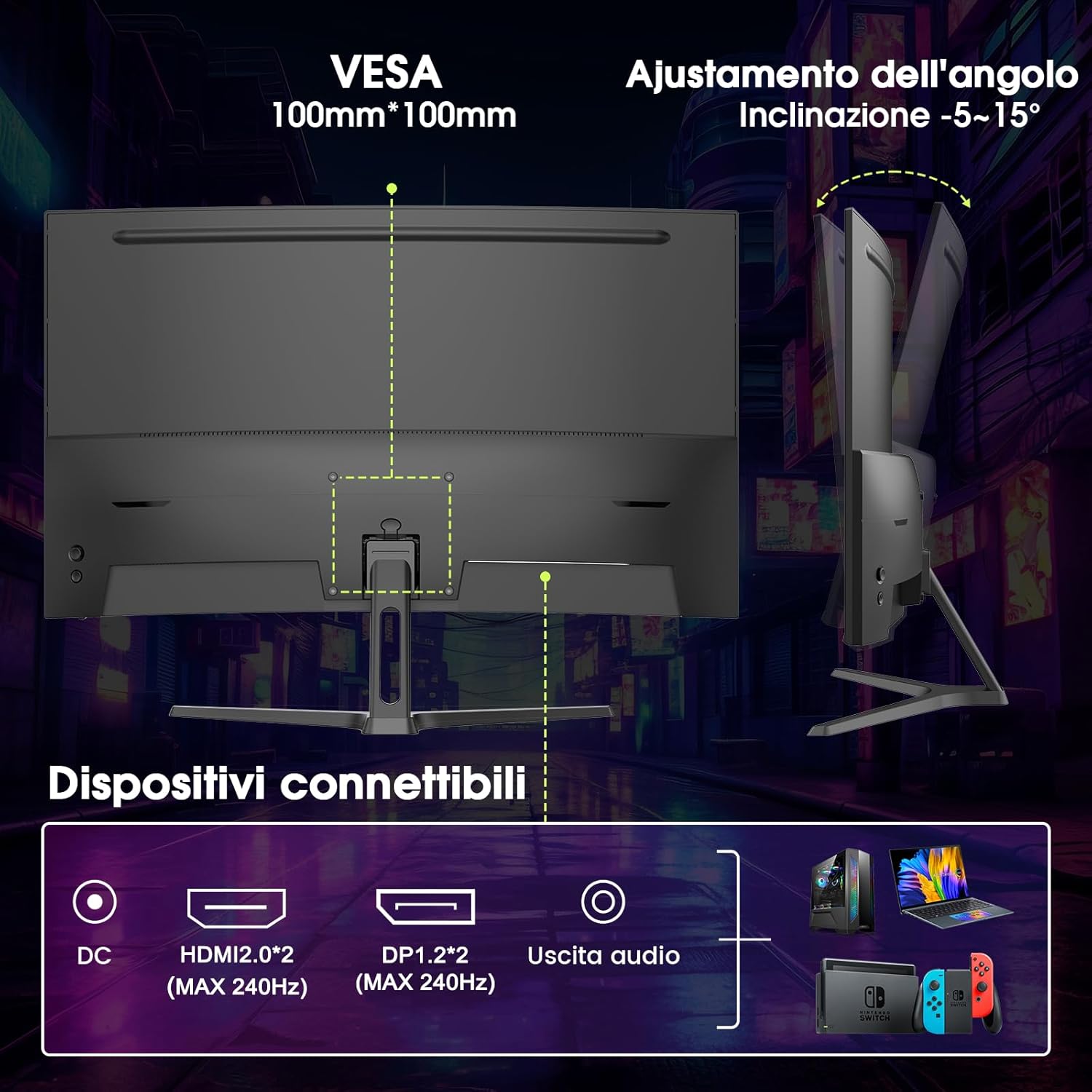 Amzfast Écran PC Gaming 27 Pouces Incurvé, 2K QHD(2560 x 1440), 240Hz Moniteur, 1Ms MPRT, 1500R, sRGB 120 pour cent, Adaptive Sync, Low Blue Light,VESA 100 * 100, HDMI 2.0 * 2/DP 1.4 * 2, AMZG27C1Q Pro
