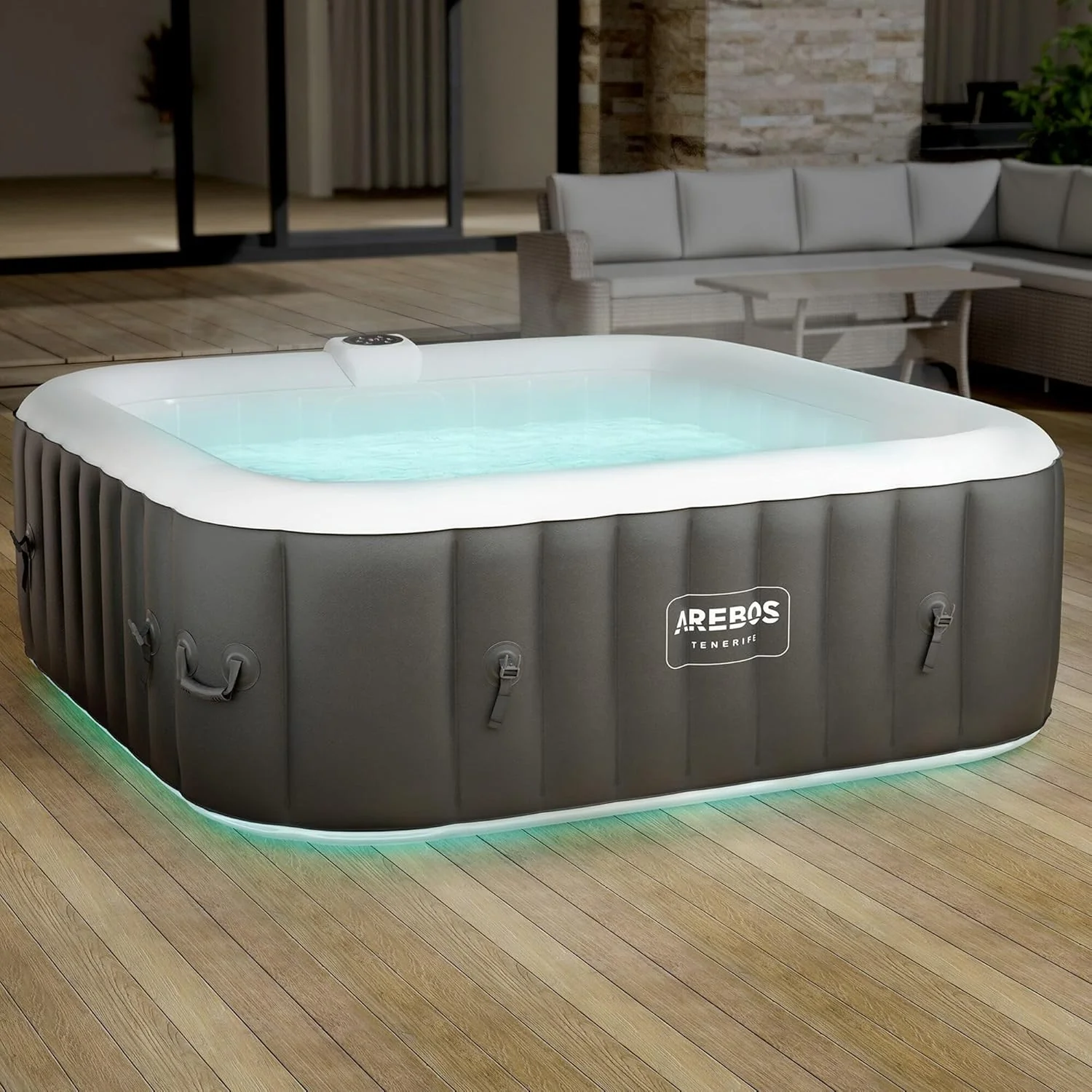 Arebos Whirlpool Inflatable Spa | Hot Tub | 185 x 185 cm | for 6 People | LED Luminous Band | 130 Massage Jets | 910 Litres | Includes Cover | Bubble Massage and Wellness