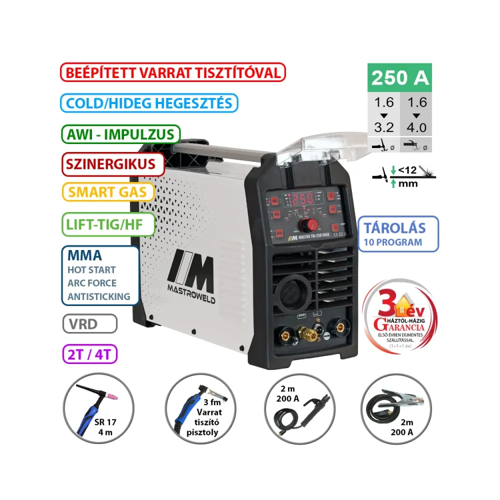 MASTRO TIG-250 DC COLD HEGESZTŐ INVERTER + VARRAT TISZTÍTÓ