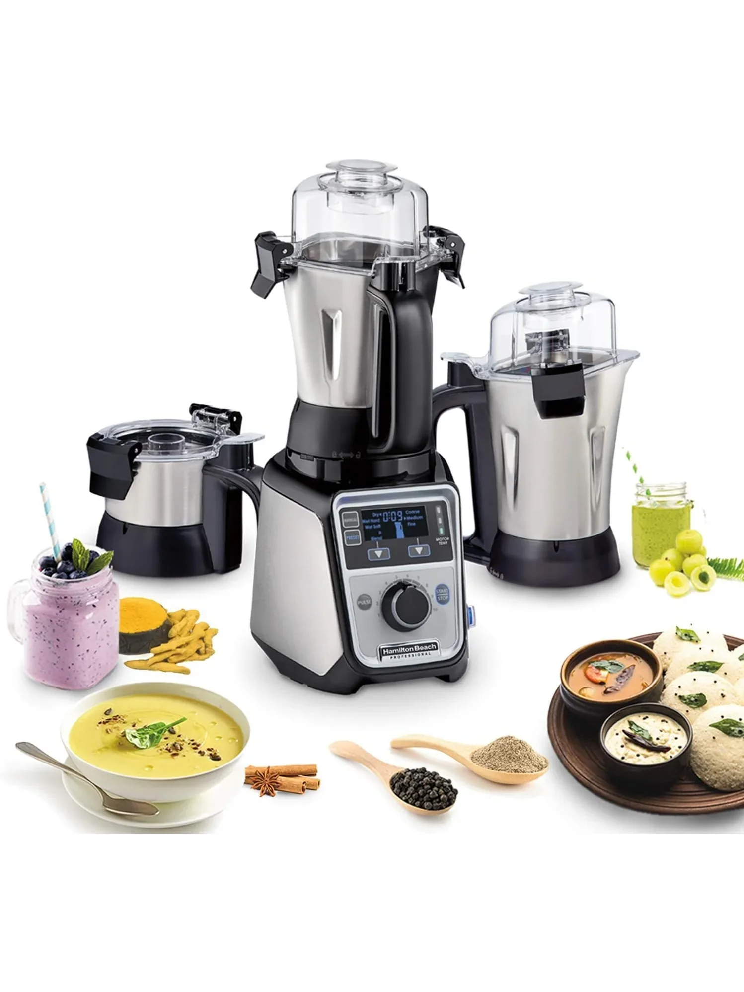 Hamilton Beach Professional 4 az 1-ben gyümölcscentrifuga, turmixgép, daráló, professzionális, 1400 W-os motor, 120 V, 3 szivárgásmentes edény, nedves és száraz fűszerekhez, csatnikhoz és currykhez, Indiában és az USA-ban fejlesztve (58770)