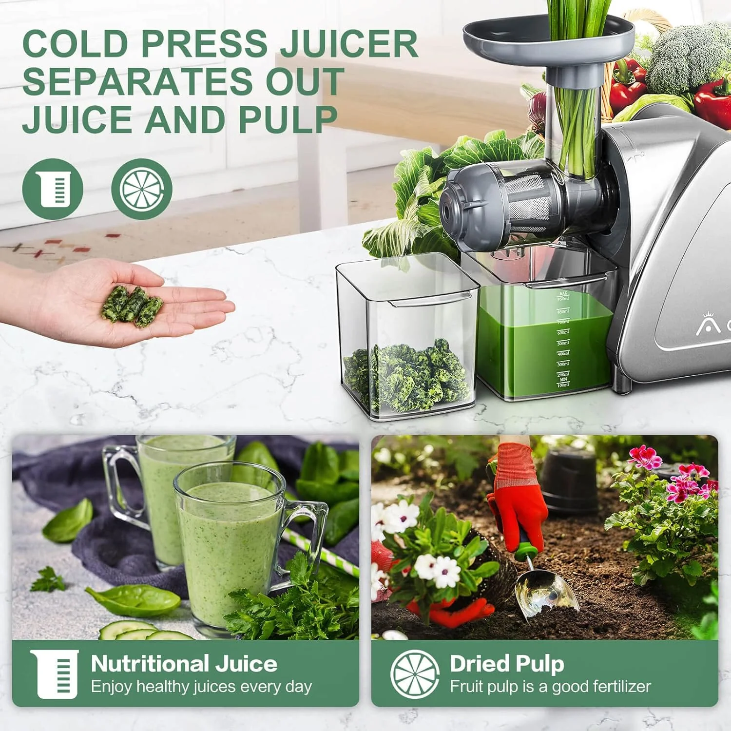 【Novità】 AOBOSI Spremiagrumi Estrattore di Succo a Freddo con 2 Velocità - Estrattore Frutta e Verdura con Coclea a 8 Stadi - Spremiagrumi con Spazzola per la Pulizia e 2 Bicchieri - Spremiagrumi con Funzione di Retromarcia