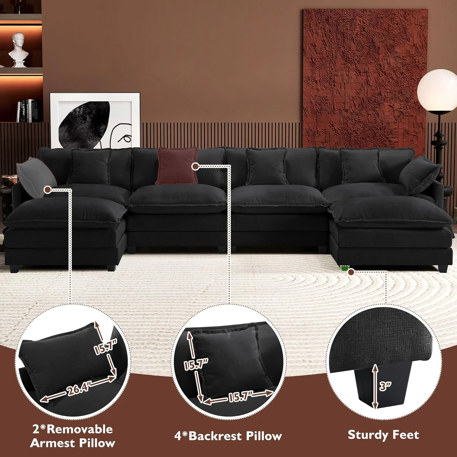 111.4 Inch L-Shaped Modern Sofa Modular Cloud Sofa Ottoman 4-Seater Chenille Deep Seat Sofa