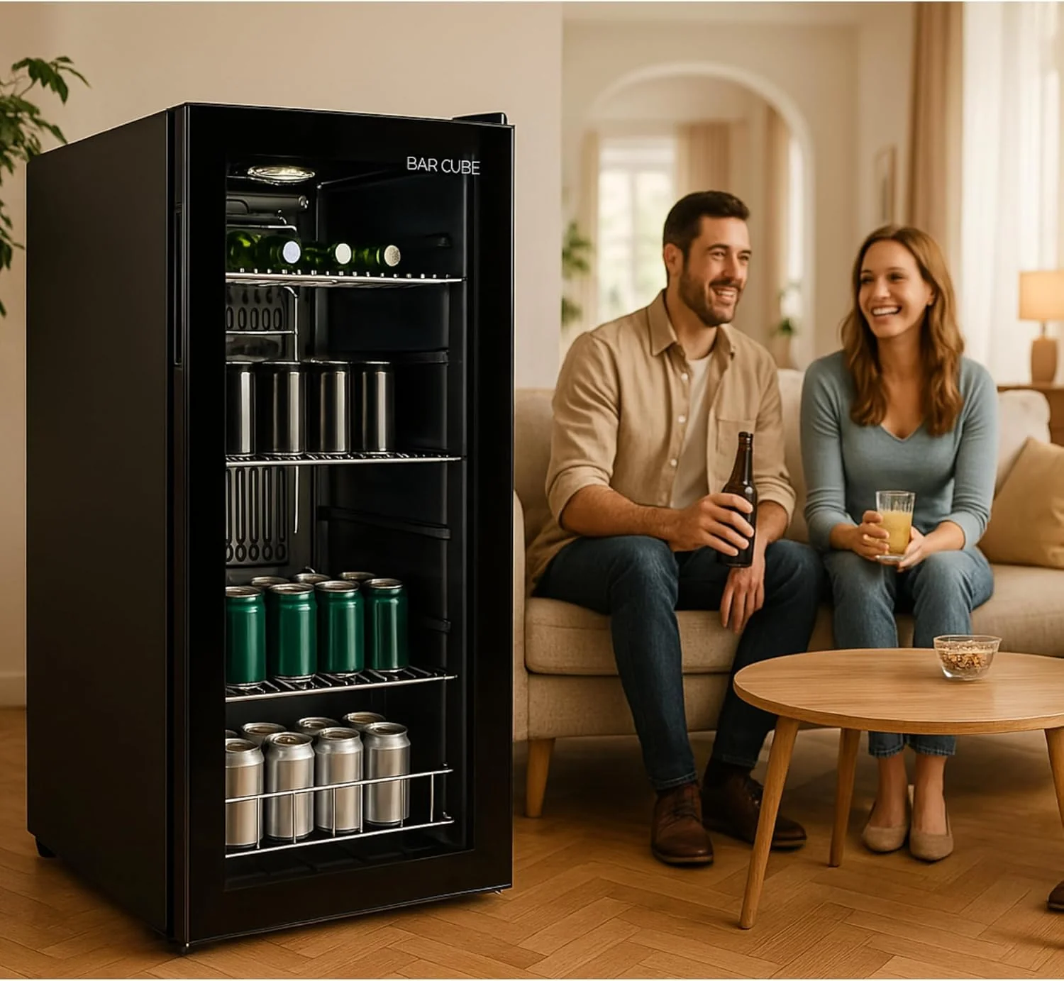 °CUBES Frigorifero per bevande 90L con porta in vetro e 4 ripiani regolabili | Frigorifero compatto per bottiglie, perfetto per casa, ufficio, feste e gastronomia | Elegante frigorifero con porta in vetro, nero
