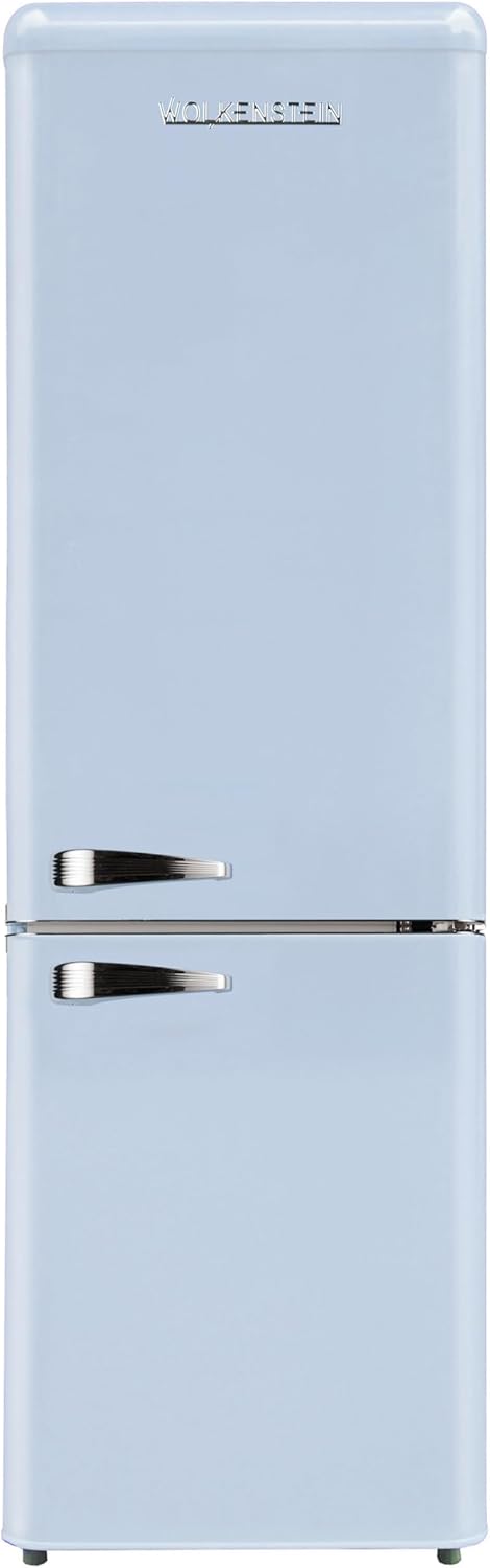 Wolkenstein KG250.4RT LB Retro Kühl-Gefrier-Kombination | Hellblau | 249 Liter Nutzinhalt | 4 Sterne 69 Liter Gefrierfach | Nur 41 dB | LED-Beleuchtung | Silber Applikation | Freistehend