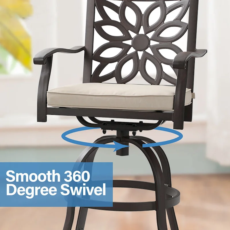 MAISON ARTS 3-Piece Cast Aluminum Patio Bar Stool Set of 1 Bar Table & 2 Swivel High Bar Stools