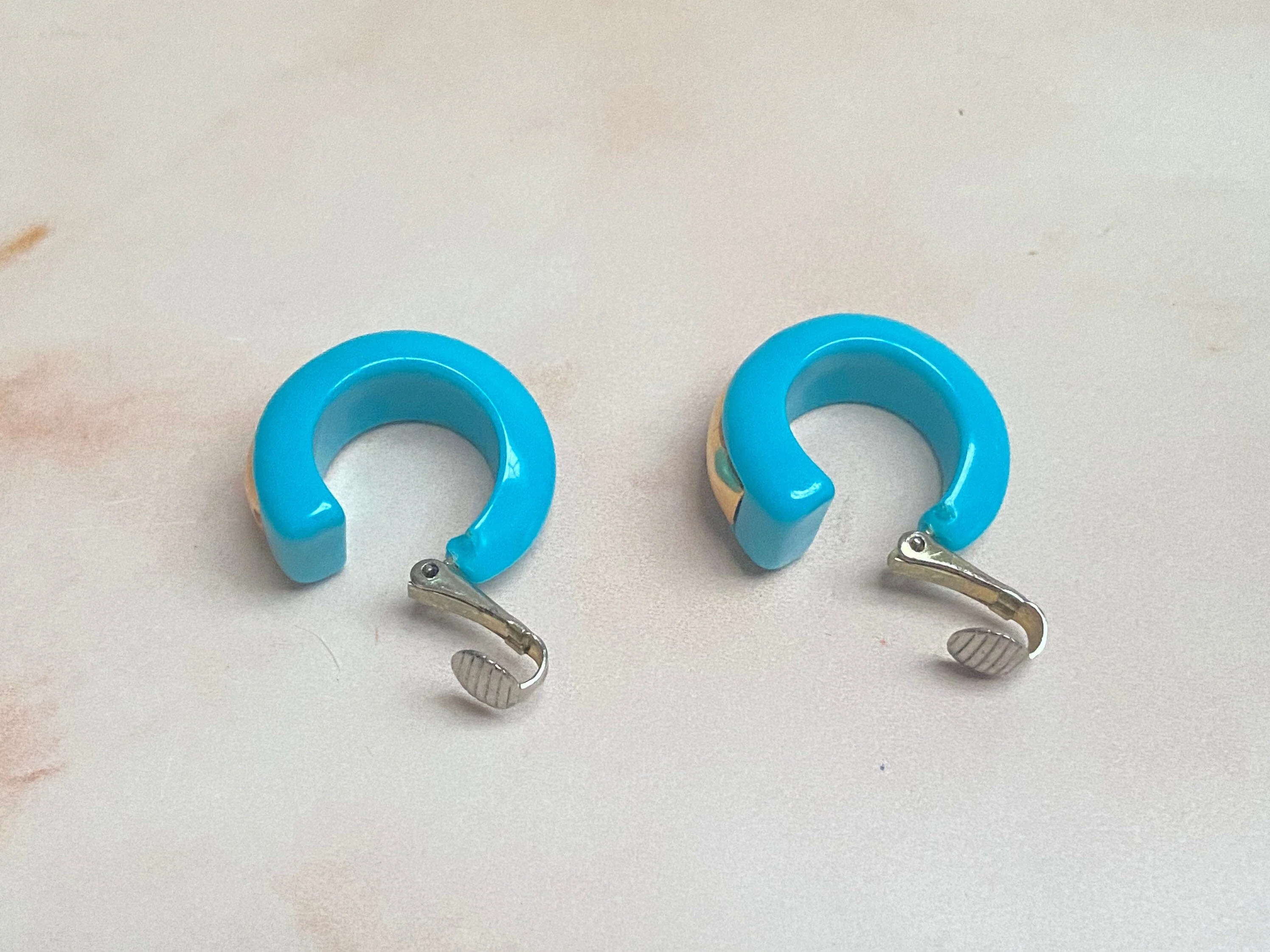 1960s Modernist Gold Inset Blue Hoop Clip Earrings