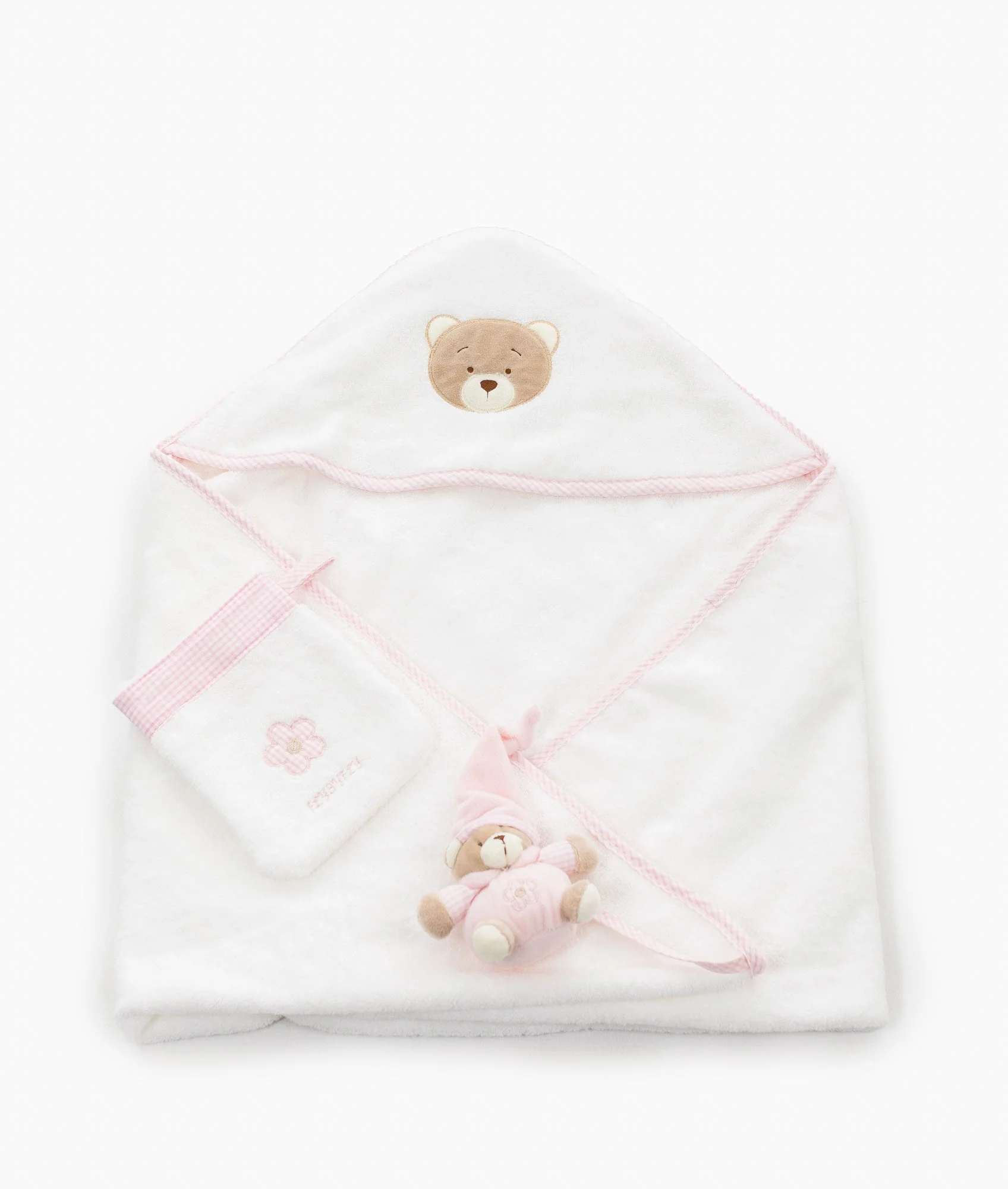 Hooded Towel with Mitt & Toy | White & Pink