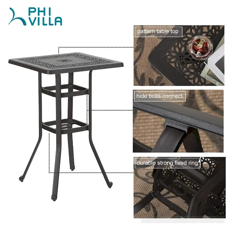 MAISON ARTS 3-Piece Cast Aluminum Patio Bar Stool Set of 1 Bar Table & 2 Swivel High Bar Stools