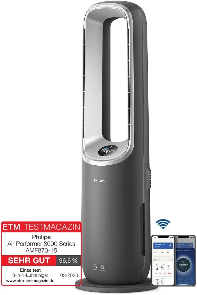 Philips Air Performer 3 az 1-ben légtisztító, hűtő- és fűtőventilátor – 70 m²-t tisztít, az allergének és szennyezőanyagok 99,97%-át eltávolítja. HEPA szűrő, intelligens érzékelők, Alexa, alkalmazás. (AMF870/15)