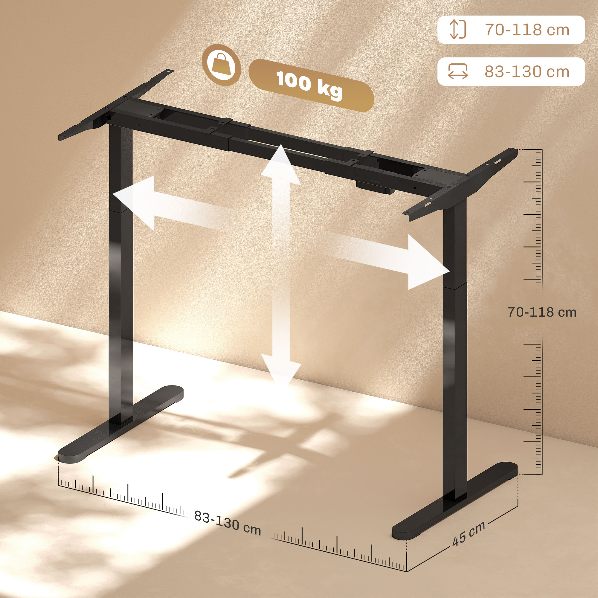 HOMCOM Elektrisch Verstelbaar Bureaubladframe, In Hoogte Aanpasbaar met Geheugenfunctie, Staal, Zwart