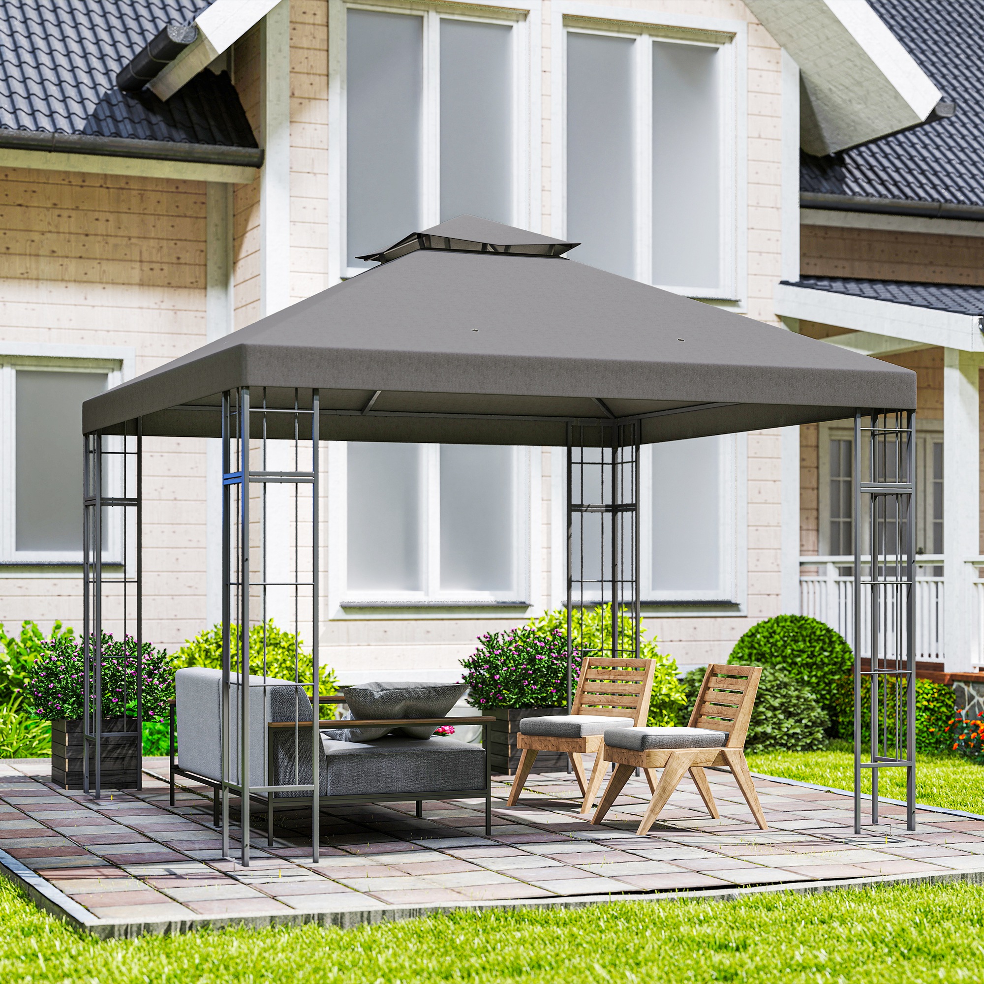 Outsunny 3 x 3 m Tuinpaviljoen, 2-Laags Dakontwerp, UV30+ Bescherming, UV-bestendig, Zonbescherming, Metalen Frame, Donkergrijs