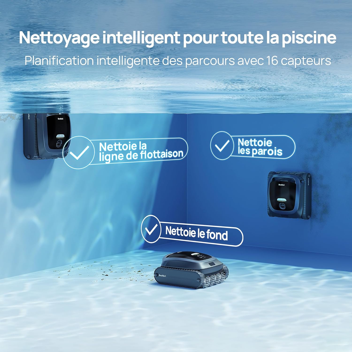Beatbot AquaSense 2 Robot Piscine sans Fil, Aspirateur Piscine avec Remontée Automatique, nettoie Le Fond, Parois et flottaison, Nettoie la Ligne d'eau en 2 passages, pour piscines jusqu'à 3 230 pi²
