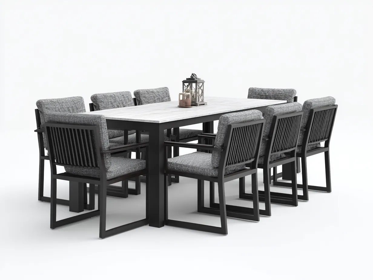 Set da pranzo da esterno-metallo-pietra sinterizzata-220x100x75 cm-Nero-Grigio-design contemporaneo