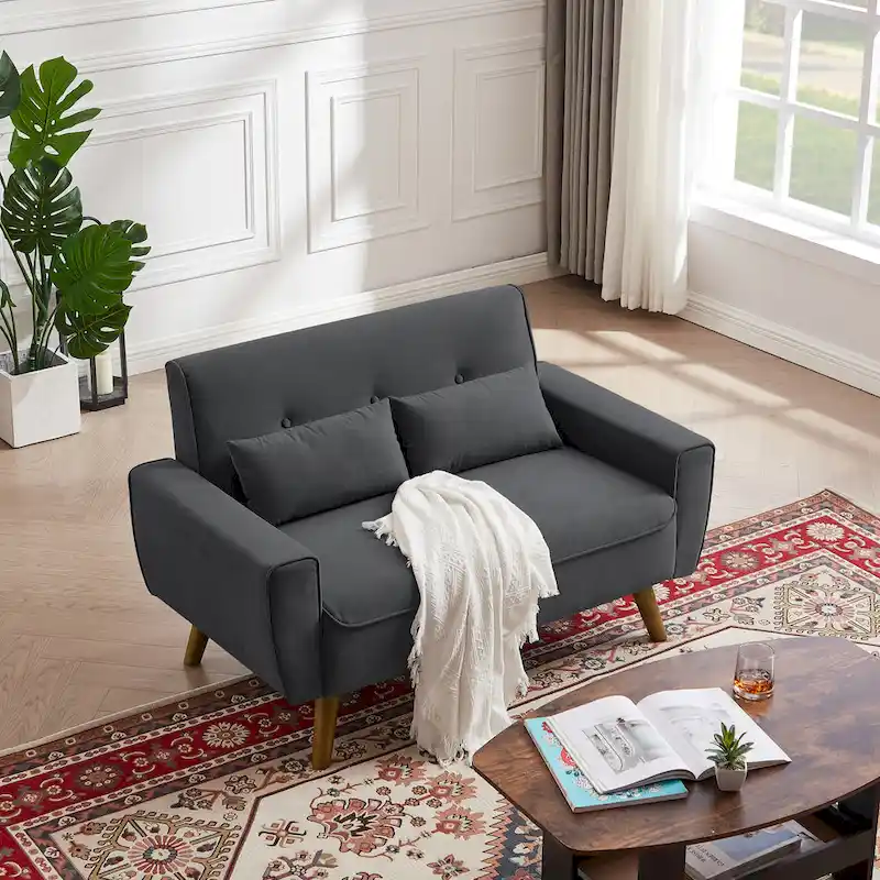 48.82 Small Tufted Loveseat Sofa with 2 Pillows and Tapered Wood Legs