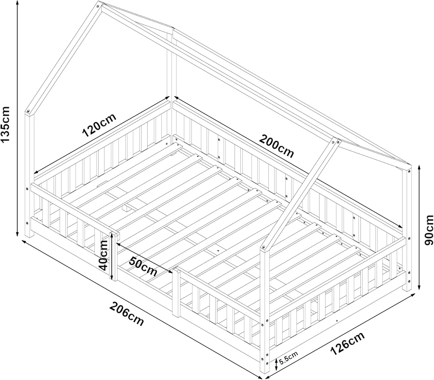 [en.casa] Letto per bambini Sisimiut a capanna 80 x 160 cm con protezione anticaduta letto in legno per bambini letto a terra rete a doghe in legno di pino Bianco opaco